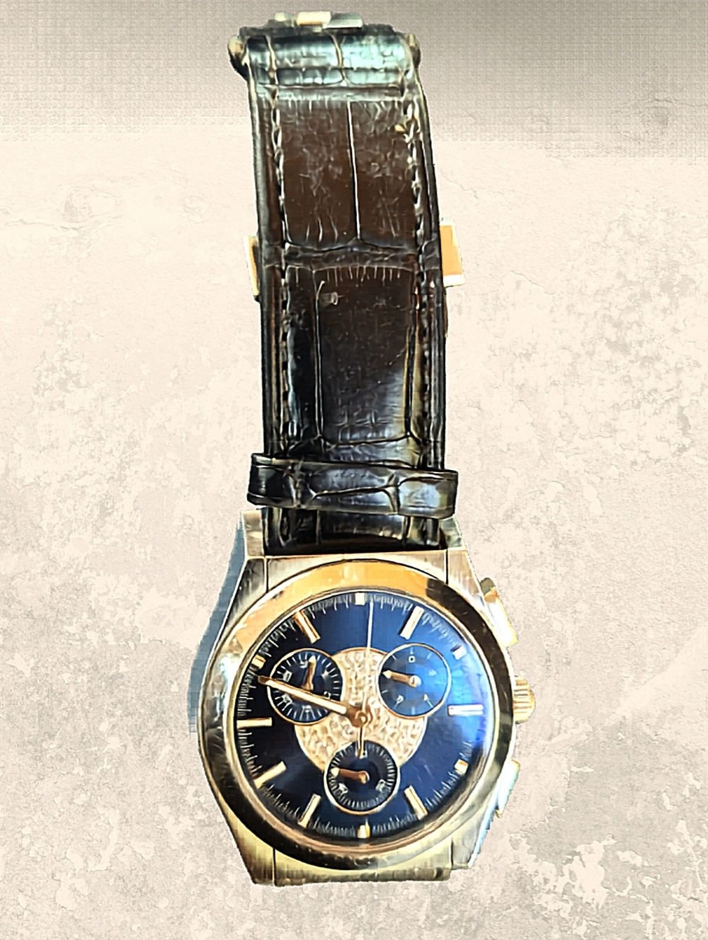 GUCCI Diamond Pantheon Sunburst Dial Alligator Leather Chronograph Watch Navy